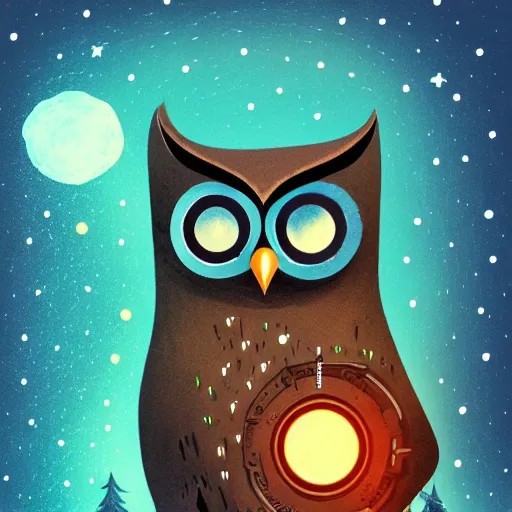 Image similar to mechanical owl inside a hole in a tree, red eyes glowing, night sky with full of stars, in the middle of forest, illustration, 2 d style, hand drawn, realistic style, futuristic, cinematic lighting, high key lighting, high contrast, golden ratio