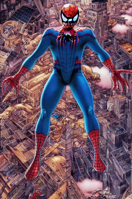 Image similar to tobey maguire in a spider - man suit, by yoichi hatakenaka, masamune shirow, josan gonzales and dan mumford, ayami kojima, takato yamamoto, barclay shaw, karol bak, yukito kishiro, highly detailed