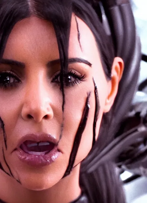 Image similar to film still of kim kardashian in the movie Alien, alien spider attached to her face as she tries to resist, spider webs on body, scary cinematic shot, 4k.