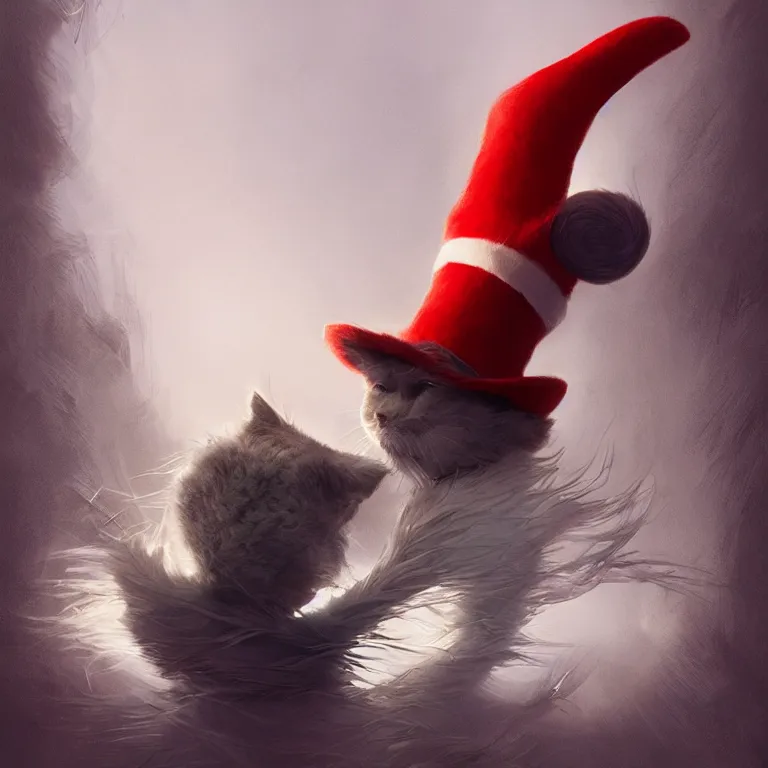 Image similar to complex 3 d render, hyper detailed, ultra sharp, of the cat in the hat, scary, cinematic, natural soft light, rim light, art by greg rutkowski and artgerm and moebius, dr seuss