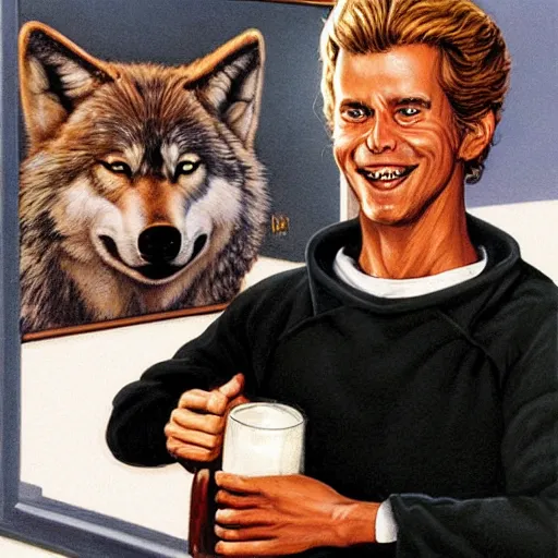 Prompt: Wolf wearing black sweatshirt, holding beer, artwork by Earl Norem,