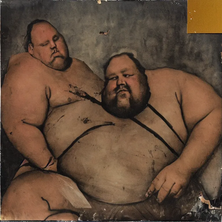 Prompt: a dirty grunge painting with dark and muted colors of a very very fat man in his underwear sitting on the couch drinking beer. an apartment full of dirt with torn wallpaper in the background. photorealistic 1 9 7 0 s polaroid flash photography, complex massive detail.
