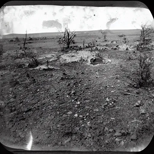Prompt: tintype, wide view, thundra ufo crash site, team of scientists studying captured alien beings