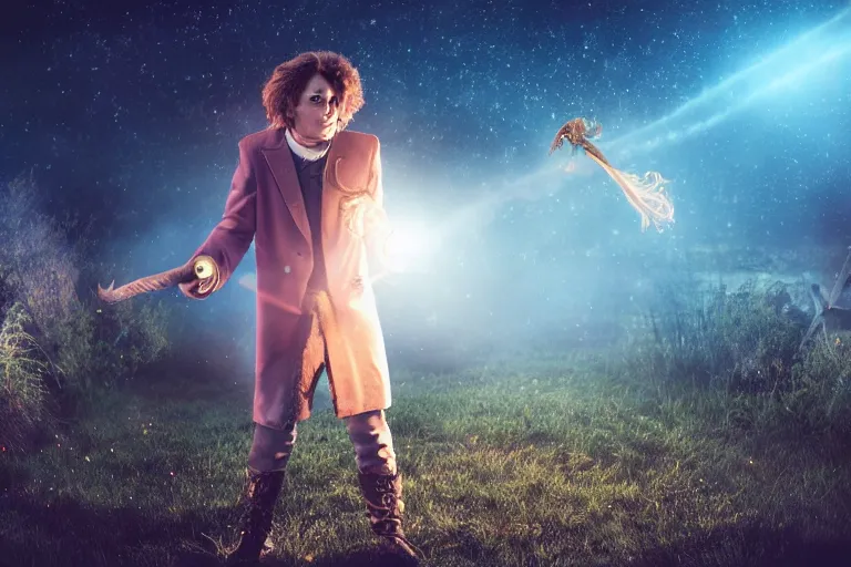 Image similar to a young adult wizard with very realistic face and hair points their wand from which a blast of bright magic flies from the end, on an empty moonlit hill, dramatic lighting, lens flare, cinematic photography