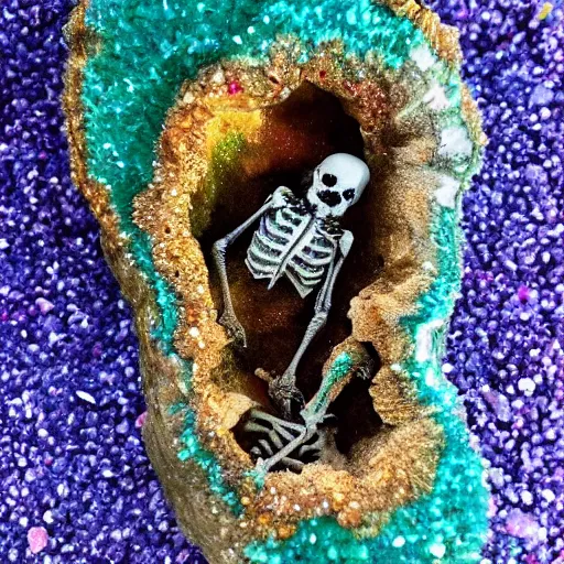 Image similar to tiny dinosaur skeleton inside a geode of multi-colored crystals