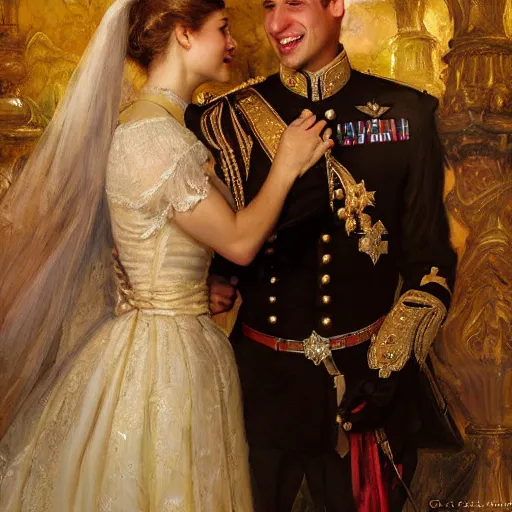 Image similar to detailed painting of prince william marrying attractive gigi hadid, highly detailed painting by gaston bussiere, craig mullins, j. c. leyendecker 8 k, 4 k, smiling couple, royal painting, human face, watercolor, realistic human