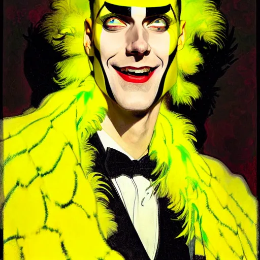 Image similar to art by joshua middleton, the yellow creeper, a tall manically smiling yellow - skinned man with green and black striped cycling shorts and wearing a long red feather boa, yellow makeup, mucha, kandinsky, poster, comic art, stylised design