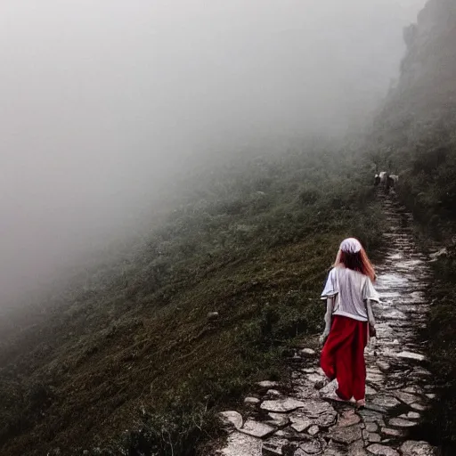 Image similar to define the character of a beautiful girl, messy long red hair, messy wet grey tribal clothes, short torn up pants, she is walking on a mountain and we see down in a deep valley a very poor old shanti town with wooden ruins, medieval time, heavy rain, late at night, mist, cinematic, 8 k,