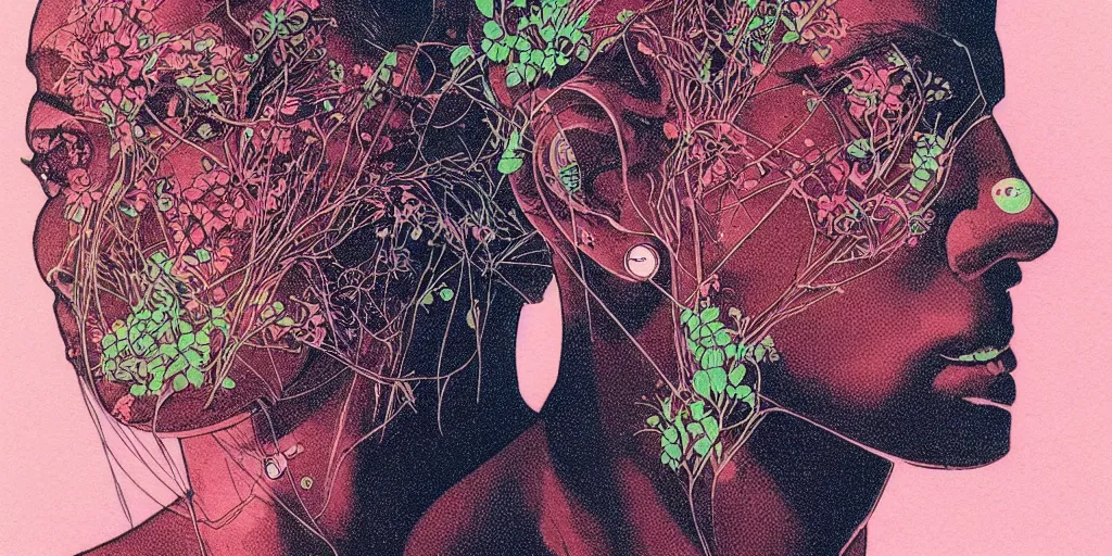 Image similar to risograph grainy drawing futuristic sci - fi antagonist face wearing earrings, photorealistic colors, face covered with plants and flowers, by moebius and satoshi kon and dirk dzimirsky close - up portrait, hyperrealistic