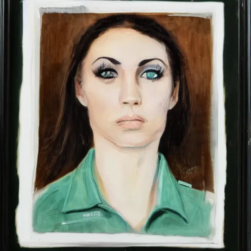 Prompt: portrait of young woman, green eyes, brunette, flipped out hair, officer uniform