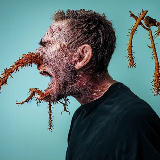 Prompt: long shot photo of a man where his skin is covered with dendritic cordyceps militaris, mouth open, style by david cronenberg, large format full frame photography