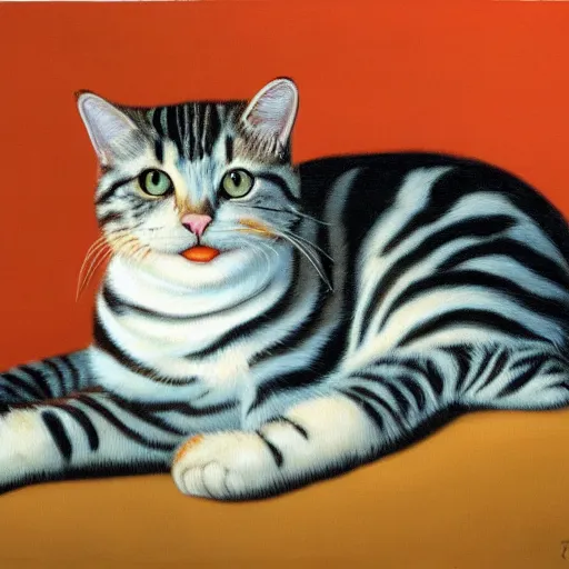 Prompt: painting of a mackerel tabby cat by rene magritte, hd, 4 k, detailed, award winning, orange, white, black