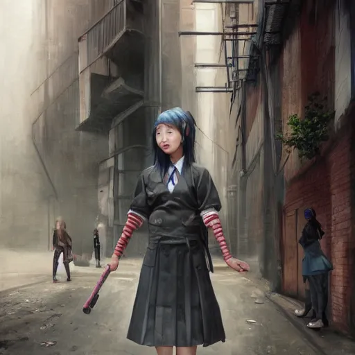 Image similar to a perfect, hyperrealistic professional oil painting of a Japanese schoolgirl posing in a dystopian alleyway, style of Marvel, full length, by a professional American senior artist on ArtStation, a high-quality hollywood-style concept