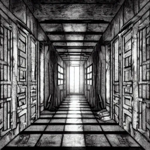 Image similar to a terrifying dark hallway with many doors and many stairs, impending doom, horror, Mc Escher architecture, epic composition, anime key visual