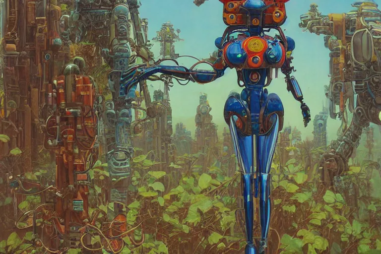 Prompt: most blues, evangelionic illustration, gigantic girl head, a lot of exotic vegetation, trees, tremendous mecha robot, flowers, oldschool vintage sci - fi flat surreal design, super - detailed, oil painting by moebius, hd, 4 k, high quality