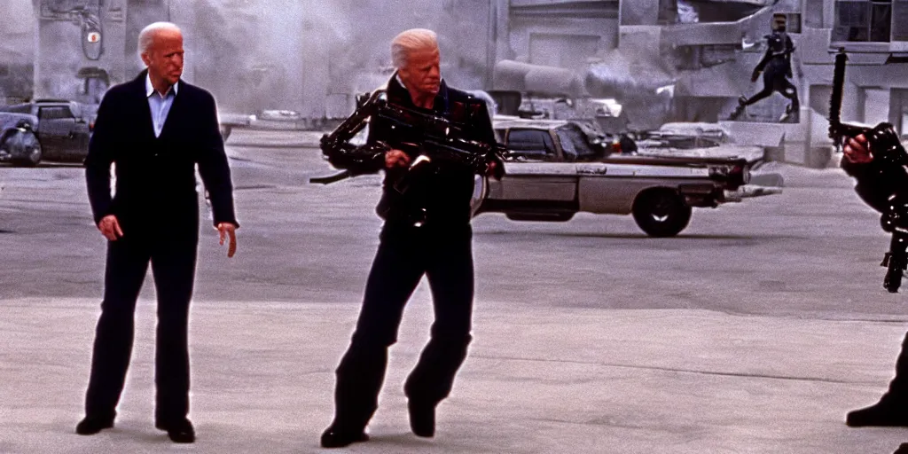 Image similar to joe biden in the terminator shooting terminator donald trump, cinematic, two characters, highly detailed, photorealistic, cinematic lighting, James Cameron,