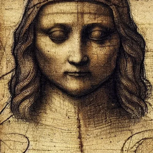 Prompt: a neural net drewn by leonardo da vinci, very realistic, with backwards writing, on parchment