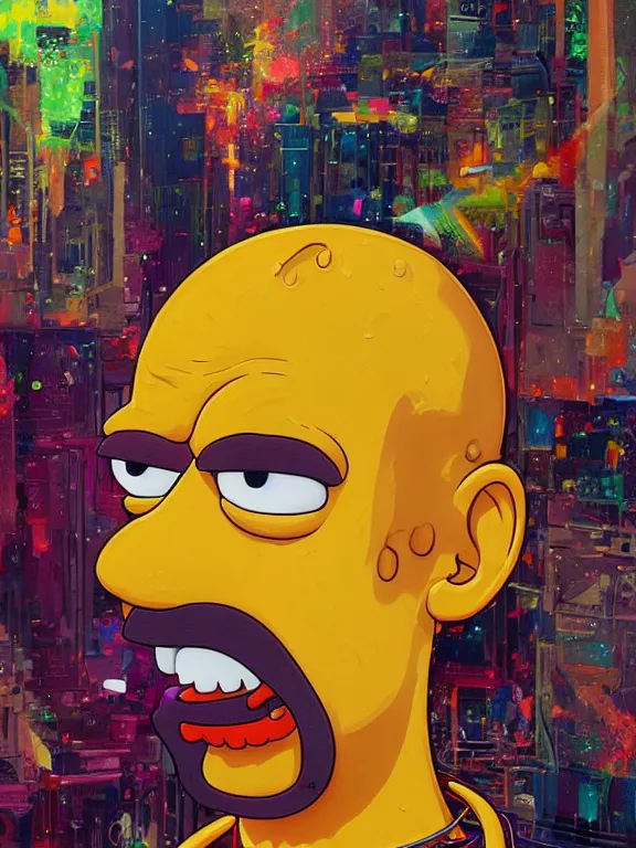 Prompt: art portrait of Homer Simpson,8k,by tristan eaton,Stanley Artgermm,Tom Bagshaw,Greg Rutkowski,Carne Griffiths,trending on DeviantArt,face enhance,hyper detailed,minimalist,cybernetic, android, blade runner,full of colour,