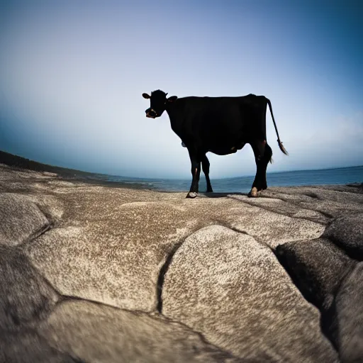 Prompt: a photo of a cow standing on black rocks, fisheye lens