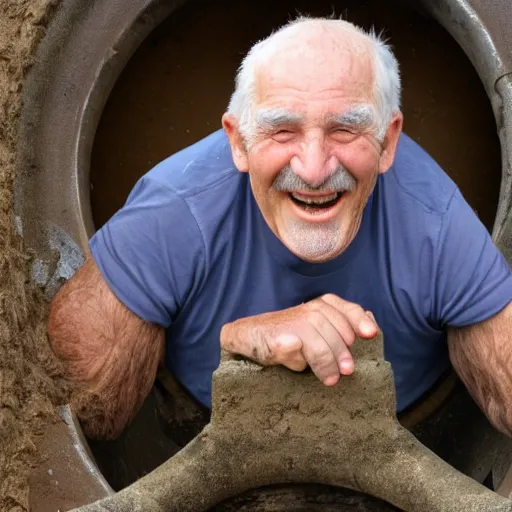 Image similar to a smiling old man in a sewage pipe