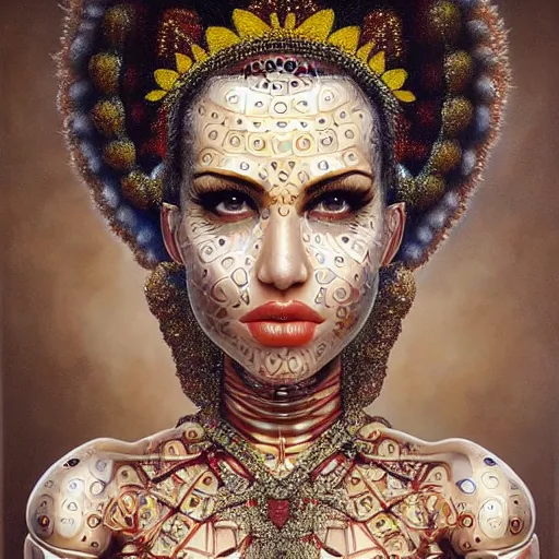 Image similar to sunny leone as humanoid robot, skin flower pattern, highly detailed, expressive eyes, beautiful symmetric body, perfect proportions, highly intricate, art by tom bagshaw and alex gray