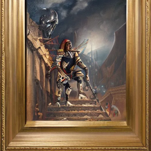 Image similar to simonetti rutkowski painting aztec warrior watching alien spaceship arriving to pyramid