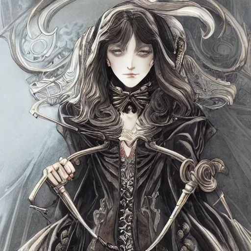 Image similar to a woman staring, baroque style, elegant, beautiful, mesmerizing, concept art, fancy clothing, highly detailed, artstation, behance, deviantart, inspired by innocent manga, inspired by castlevania concept art, trending, ayami kojima, shinichi sakamoto