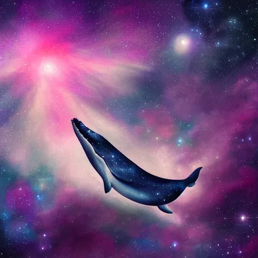 Prompt: portrait of whale swimming on a night sky, swimming across the universe, nebulae, purple and blue, galaxies, oniric, dreamy, beautiful, highly detailed, cinematic, trending on artstation