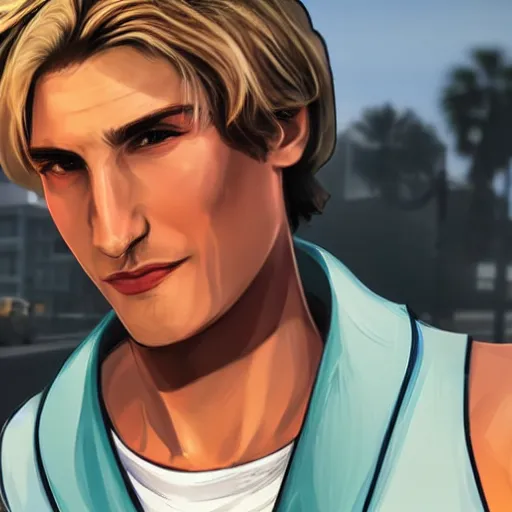 Image similar to closeup of handsome gigachad XQC as a GTA character in a loading screen