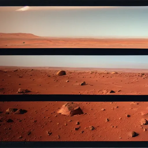 Prompt: mars landscape, surreal, in the form of a triptych, astronaut standing in the middle waving the samoa flag