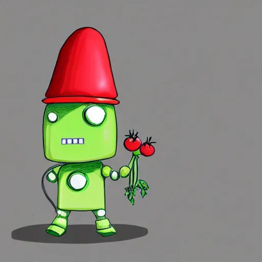 Prompt: cute little robot with tomato hat with a leaf, and one chive in one hand, made in abyss style, standing on a forest