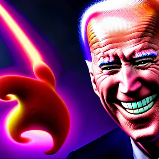 Image similar to uhd candid photo of cosmic joe biden as buu powering up, glowing, global illumination, studio lighting, radiant light, hyperdetailed, correct face, elaborate intricate costume. photo by annie leibowitz