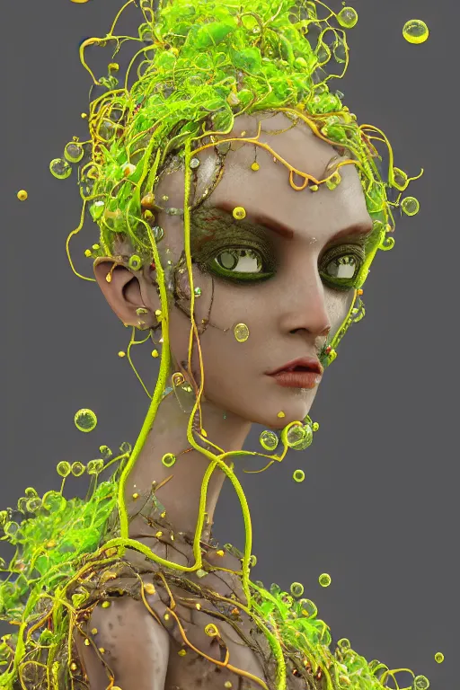 Image similar to an epic non - binary model, subject made of cracked clay, vine headdress, cables all over, flowing dress, with yellow and green bubbles bursting out, delicate, beautiful, intricate, melting into jolteon, houdini sidefx, by jeremy mann and ilya kuvshinov, jamie hewlett and ayami kojima, bold 3 d