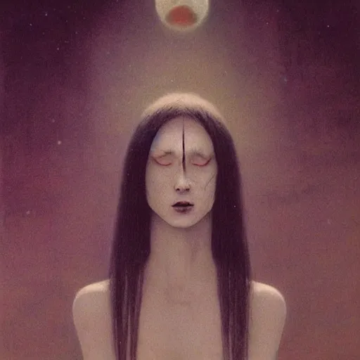 Prompt: majestic pale vampire princess with very long black hairs at moon night, by Beksinski