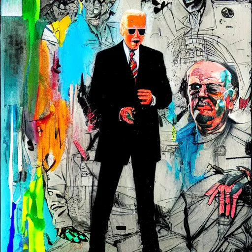 Image similar to Joe Biden full body portrait, Techwear, Cyberpunk, painting by Ralph Steadman, Francis Bacon, Hunter S Thompson