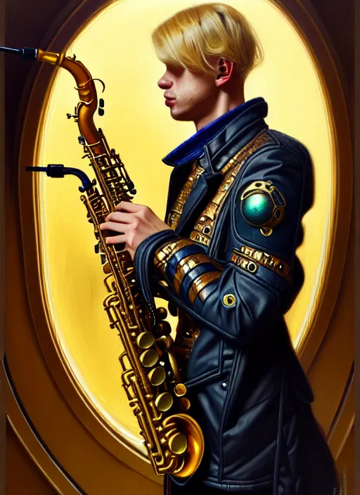 Image similar to portrait of a blond man playing sax, warhammer 40000, cyberpunk, intricate, elegant, highly detailed, digital painting, artstation, concept art, smooth, sharp focus, illustration, art by artgerm and greg rutkowski and alphonse mucha and Gustav Klimt