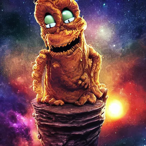 Prompt: one eldritch horror bloody garfield in space, galaxy, hd, 8 k, giant, epic, realistic photo, unreal engine, stars, prophecy, powerful, cinematic lighting, destroyed planet, debris, violent, sinister, ray tracing, dynamic, print, epic composition, dark, horrific, teeth, grotesque, scary, black ink drawing