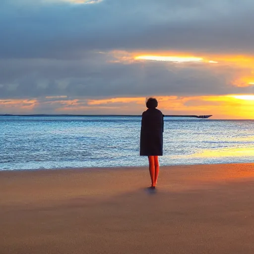 Prompt: woman watching sunset on beach by Chris Sanders