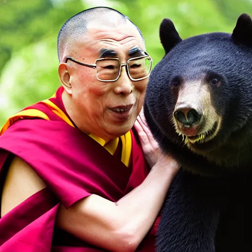 Image similar to kyoto and Dalai Lama smiling at a black bear