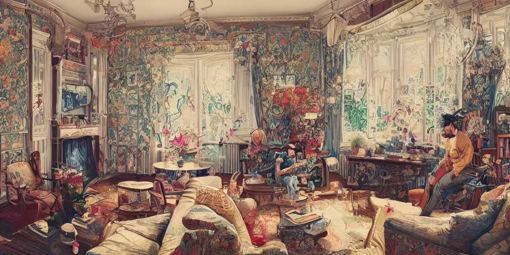 Prompt: a beatiful living room in an old victorian house, extremely detailed, sharp focus, wide view, full body shot, smooth, digital illustration, colorfull by, james jean, by rossdraws, frank franzzeta, sakimichan, mcbess, by edmund dulac