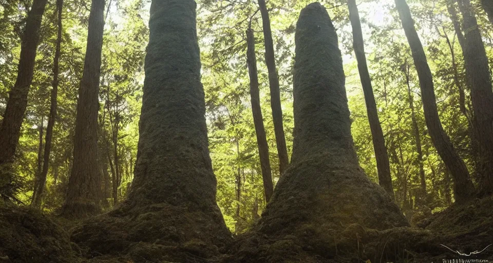 Image similar to giant towering chess pieces in a forest, low angle view, storybook, beautiful, soft lighting, artstation,