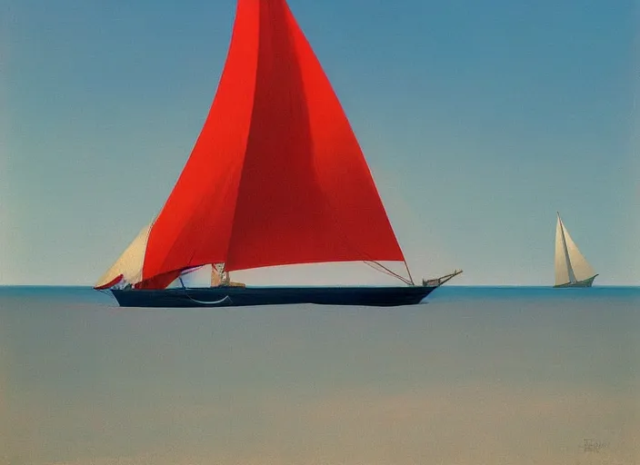 Image similar to woman on a beach, large sailboat with red sails, highly detailed, Edward Hopper and James Gilleard, Zdzislaw Beksinski highly detailed