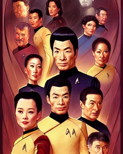 Image similar to Portrait of Star Trek TNG cast but they are chinese, real life skin, intricate, elegant, highly detailed, artstation, concept art, smooth, sharp focus, art by artgerm and greg rutkowski and alphonse mucha