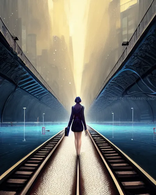 Image similar to photo of girl walking on train tracks submerged under reflective water toward a station in the distance, wide horizon, large white clouds, intricate, elegant, highly detailed, digital painting, artstation, concept art, smooth, sharp focus, illustration, art by artgerm and greg rutkowski and fra angelico