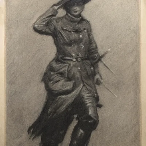 Image similar to ww 1 action heroine, by alfred stevens in charcoal