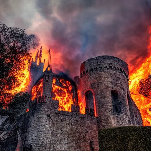 Image similar to Siege of a burning medieval castle, XF IQ4, 150MP, 50mm, f/1.4, ISO 200, 1/160s, natural light, Adobe Photoshop, Adobe Lightroom, DxO Photolab, polarizing filter, Sense of Depth, AI enhanced, HDR