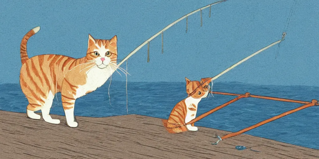 Image similar to cat sitting on the pier fishing, cartoon