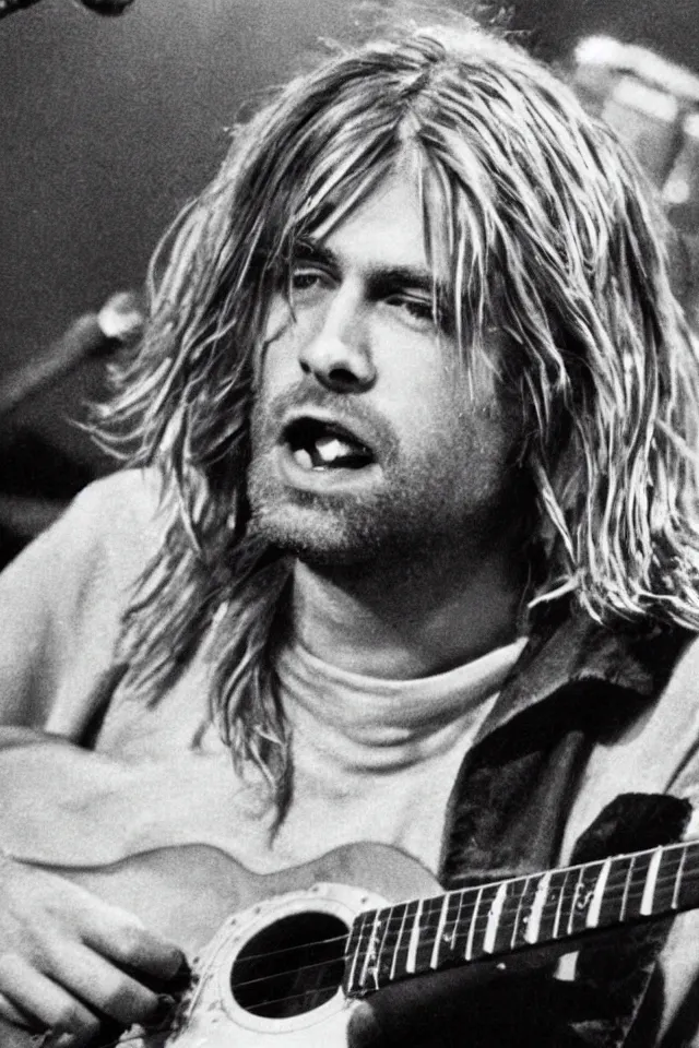 Prompt: Kurt Cobain playing the guitar, photorealistic, 4K