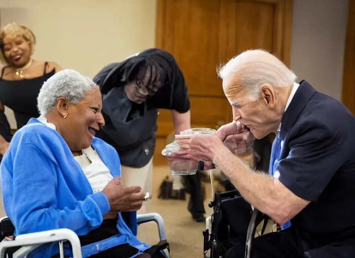 Image similar to Biden in a wheelchair getting spoon-fed by obese black woman, nursing home, award winning cinematic photography, 50 mm, blurred background, trending on twitter