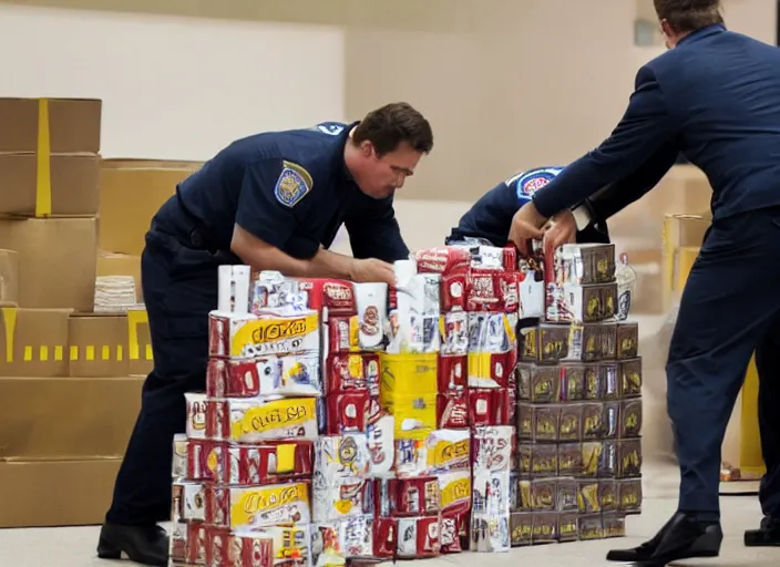 Prompt: film still of fbi agents searching boxes filled with coke cans and mcdonalds boxes in the new political thriller movie, 8 k